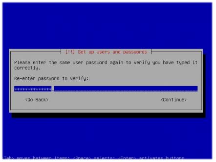 Ulangi masukkan password user yang baru dibuat - Installasi Debian Lenny
